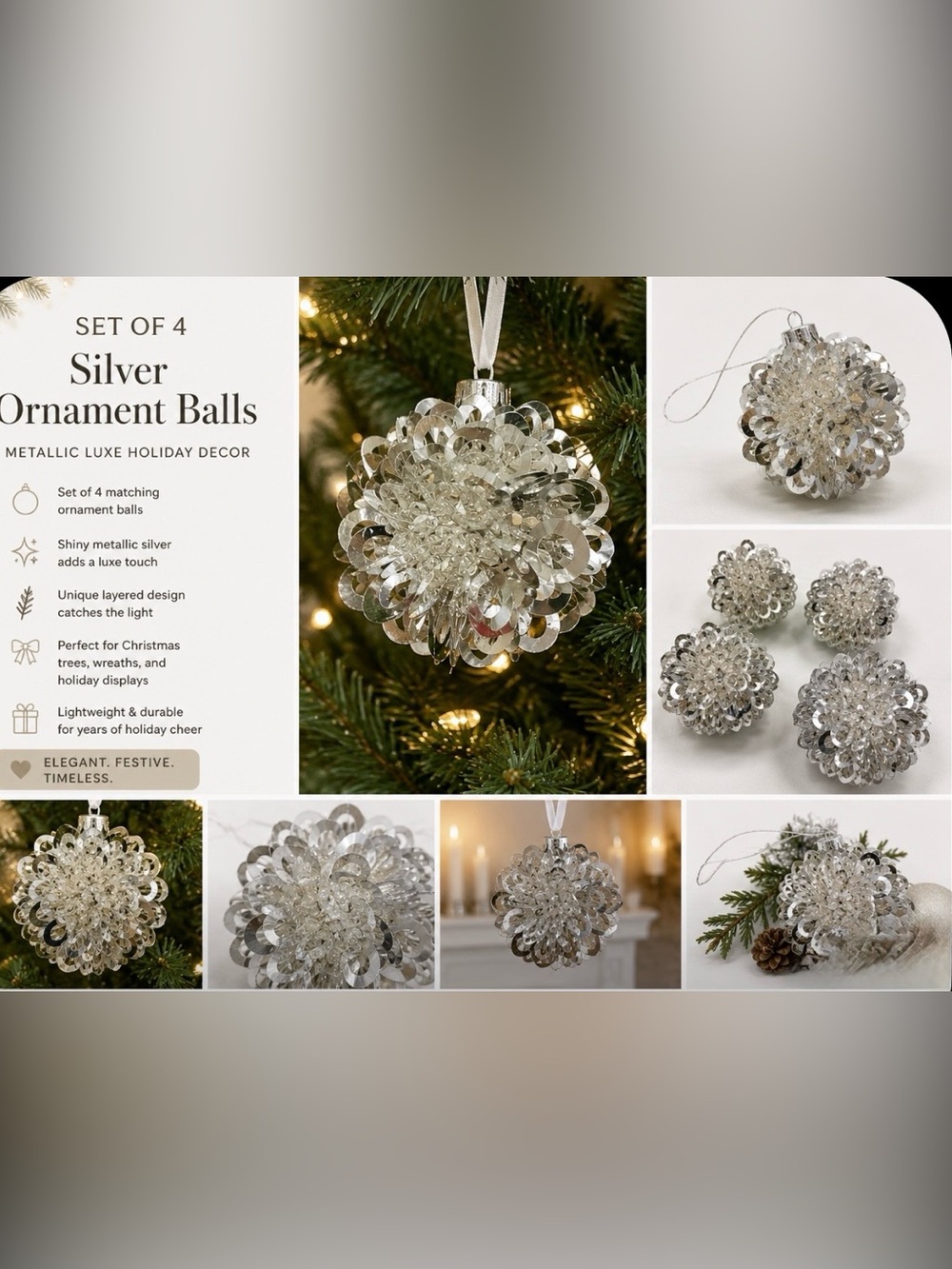 Zodax Silver Ornament Ball Set of 4 Christmas Holiday Decor Metallic Luxe